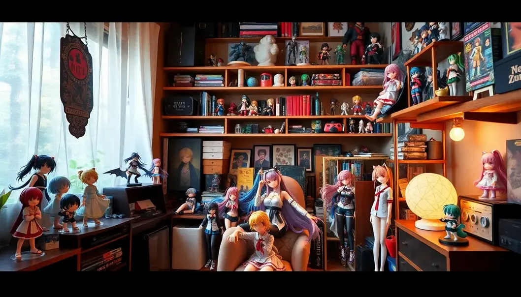 A cozy room decorated with various anime figures, creating a sense of fantasy and wonder.