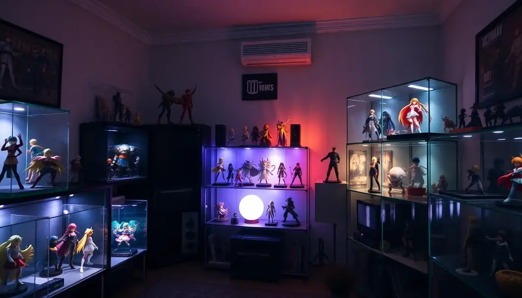 A vibrant shelf displaying a mix of anime figures.