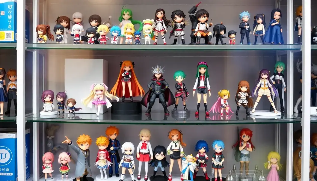 A vibrant shelf displaying a mix of anime figures.