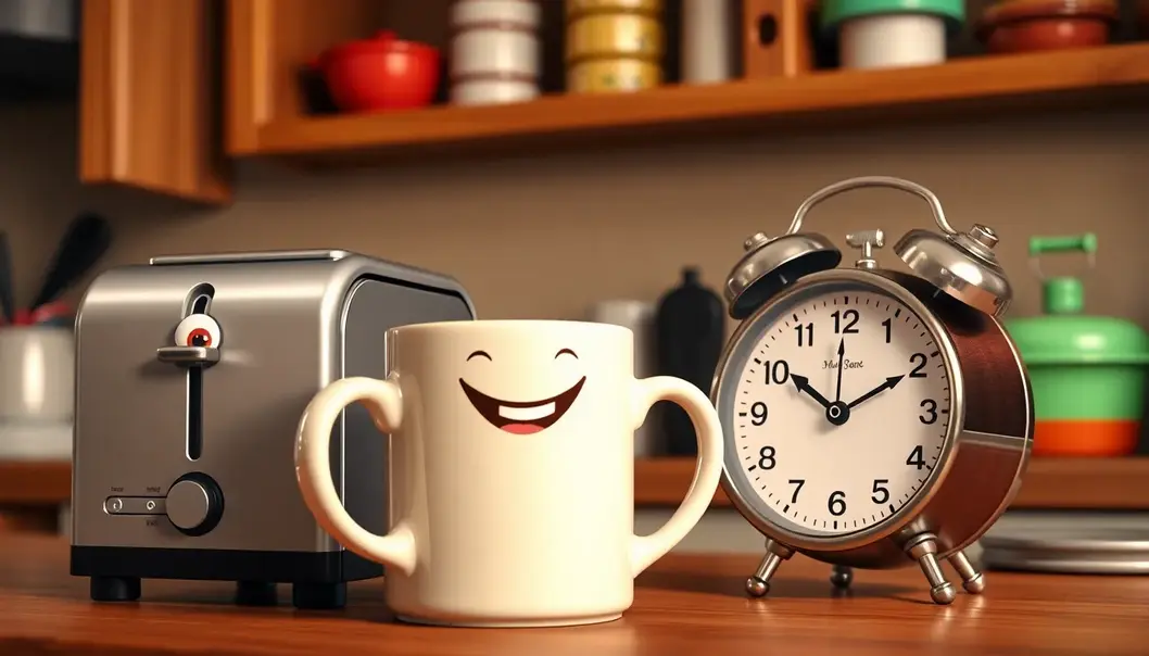A morning kitchen scene with talking everyday items.