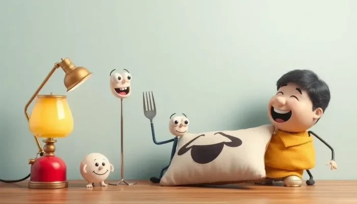 Assorted household items with facial features, all engaging in lively conversation.