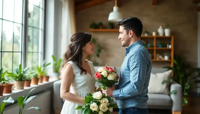 Newlywed couple in a home with green tech and nature.