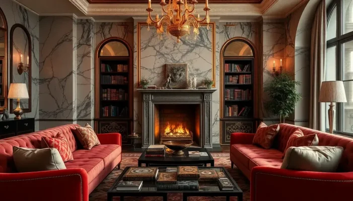A room with opulent furnishings and a display of luxury books.