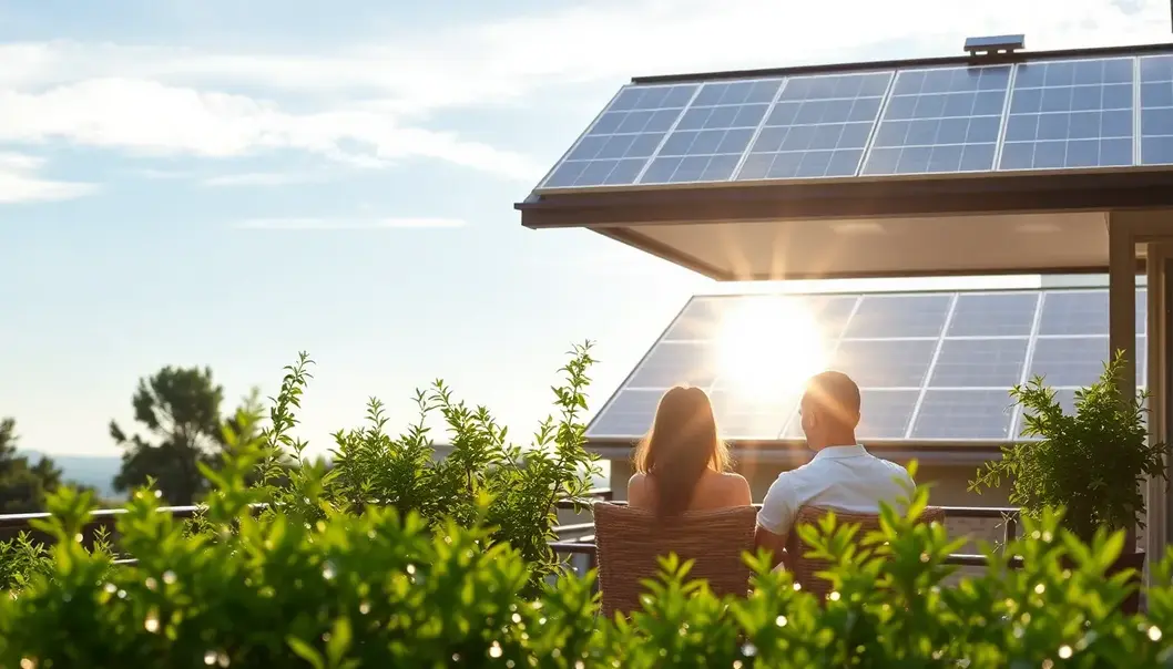 A newlywed couple admires the beauty of wind energy as the sun sets.