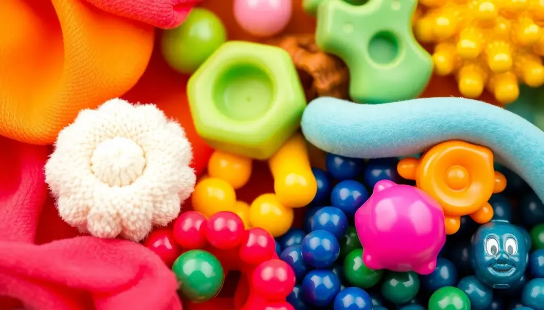 A collection of sensory toys with vibrant colors and intricate textures.