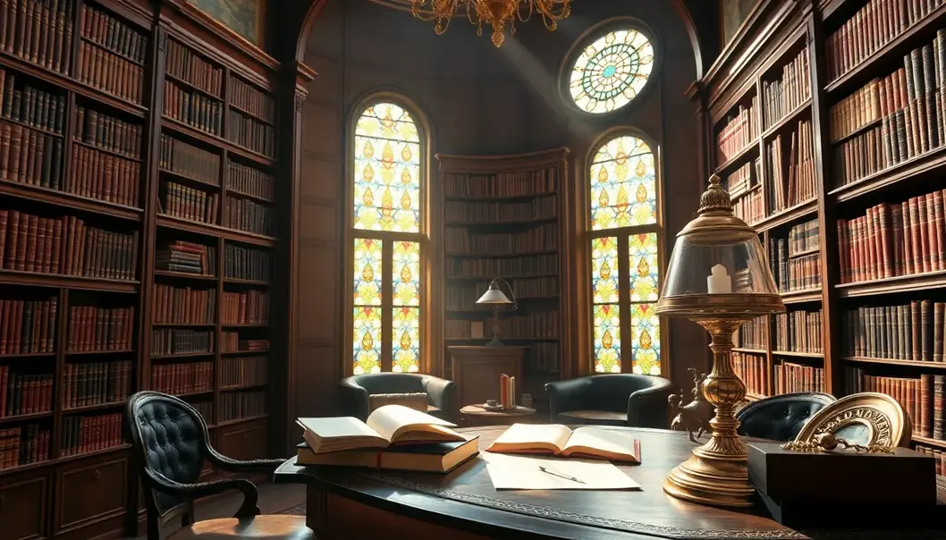 A Victorian library filled with revived classical literature.
