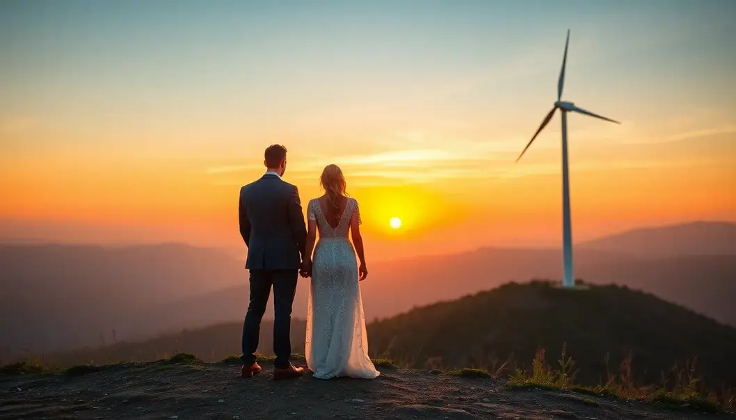 A newlywed couple admires the beauty of wind energy as the sun sets.